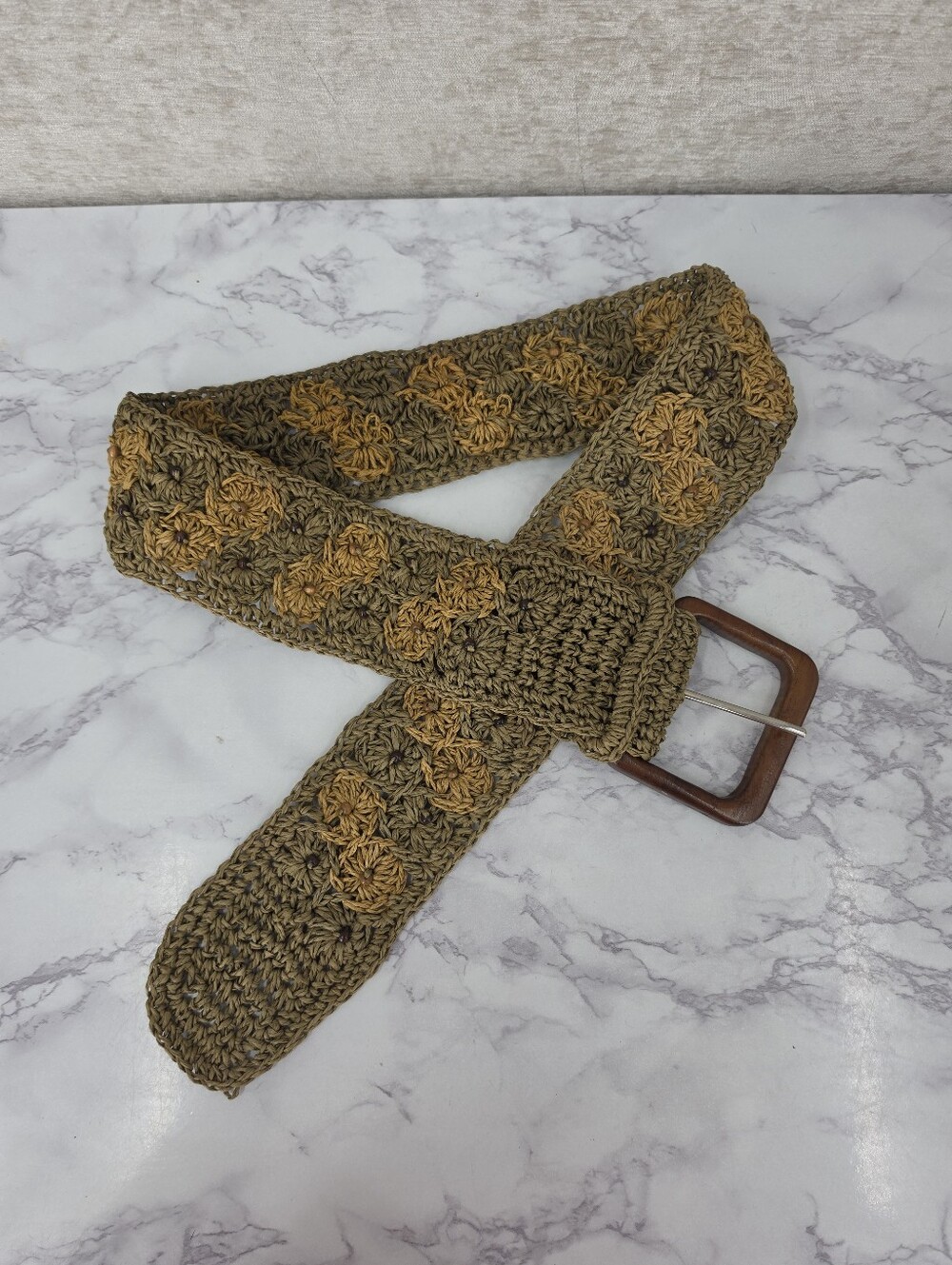 Raffia Straw Olive & Mustard Sand Crochet Belt with Wooden Buckle Beaded